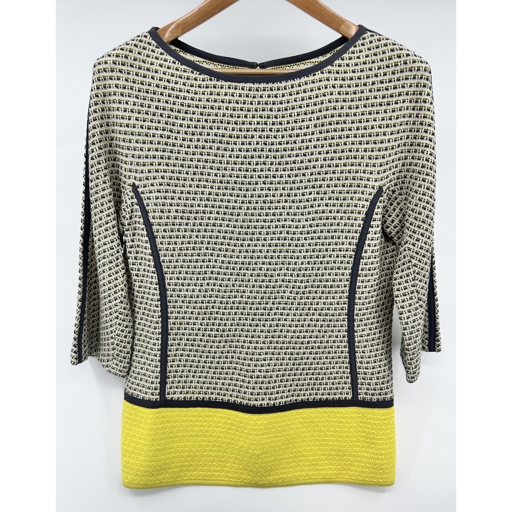 St. John Women's Classy Knit Tweed Pullover Top Size Medium 3/4 Yellow Black